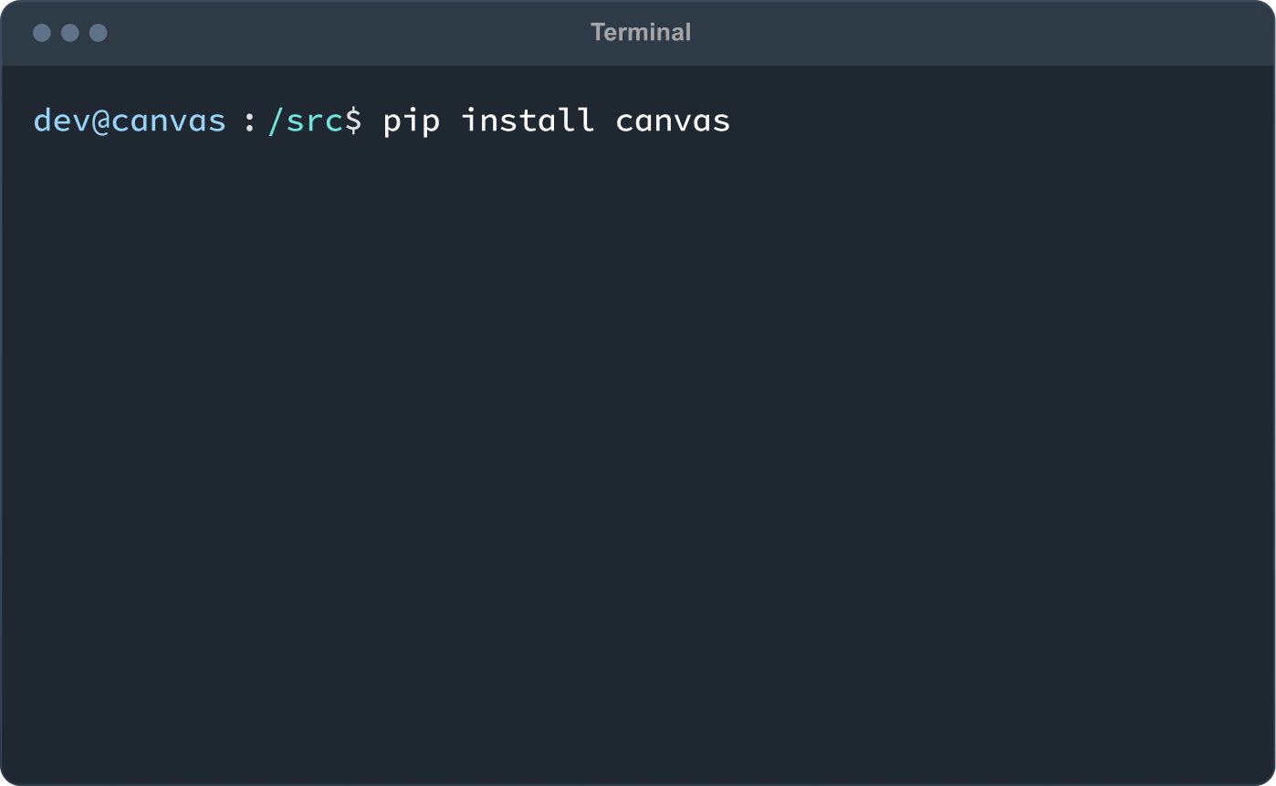 Terminal showing pip install canvas command